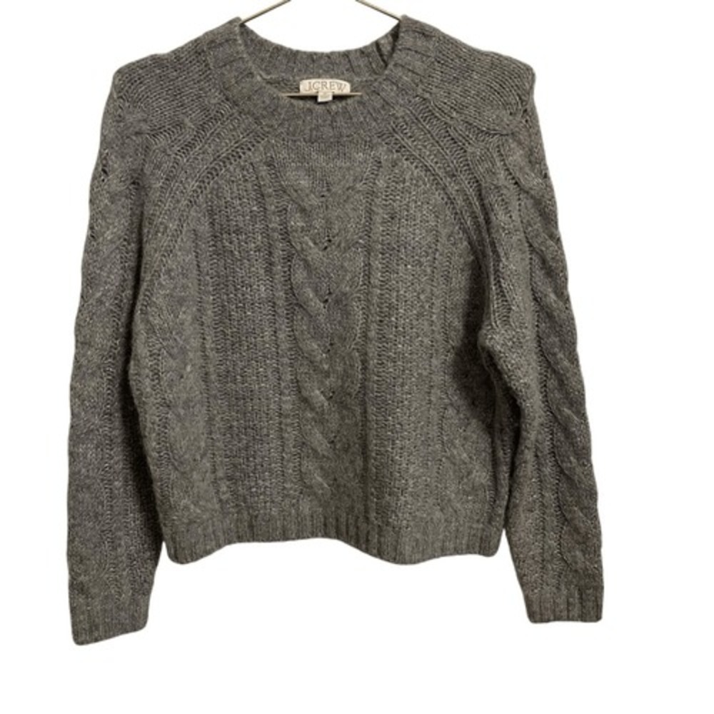 J.Crew Grey Wool Alpaca Blend Cable Knit Metallic Sweater XS Raglan Pullover